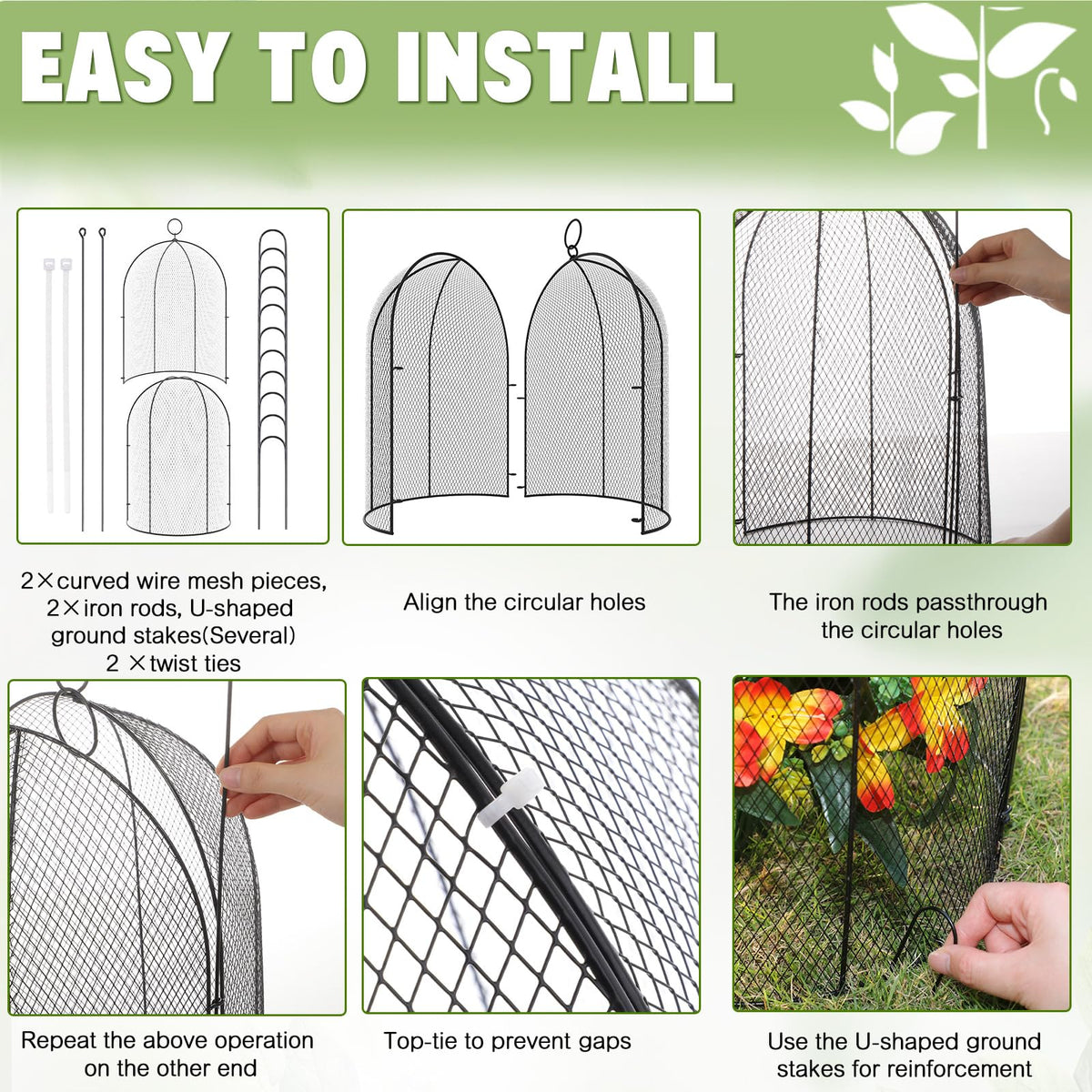 Novabright 6 Pack Garden Cloches for Plants 12" x 16" with Stakes & Zip Ties, Plant Covers from Animals Large Metal Mesh Chicken Wire Cloche Plant Protector Cage for Vegetable Garden Outdoor (Black)