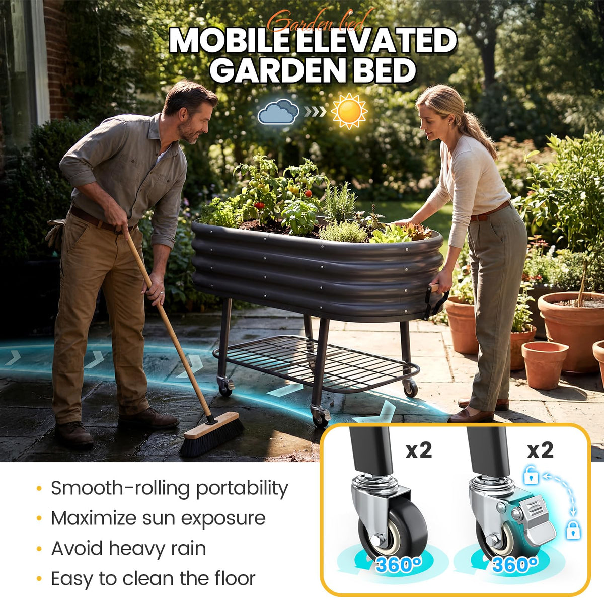 KING BIRD Large Raised Garden Bed with Legs Galvanized Elevated Planter Box 47.2x23.6x29.9 in for Backyard, Patio, Balcony, Dark Grey
