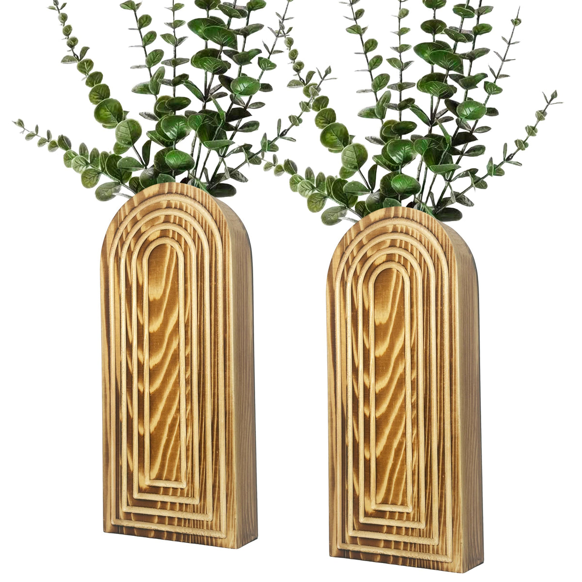 2 Pack Wooden Wall Vase Set - Boho & Modern Farmhouse Wall Decor, Hanging Planter for Indoor Plants & Flowers, Wood Mounted Art for Living Room, Bathroom, Hallway, Home Decor (Burnt Wood, Medium)