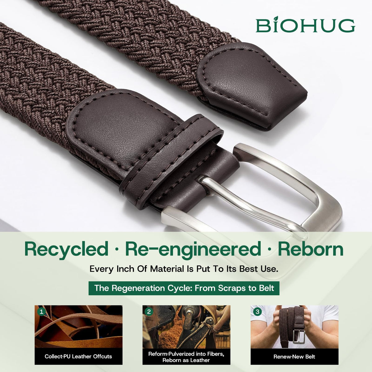 BIOHUG Men's Elastic Braided Belt Eco-Friendly Recycled Fabric Stretch Woven Belt for Jeans Pants,Golf Casual Wear 1.34" Width Dark Brown