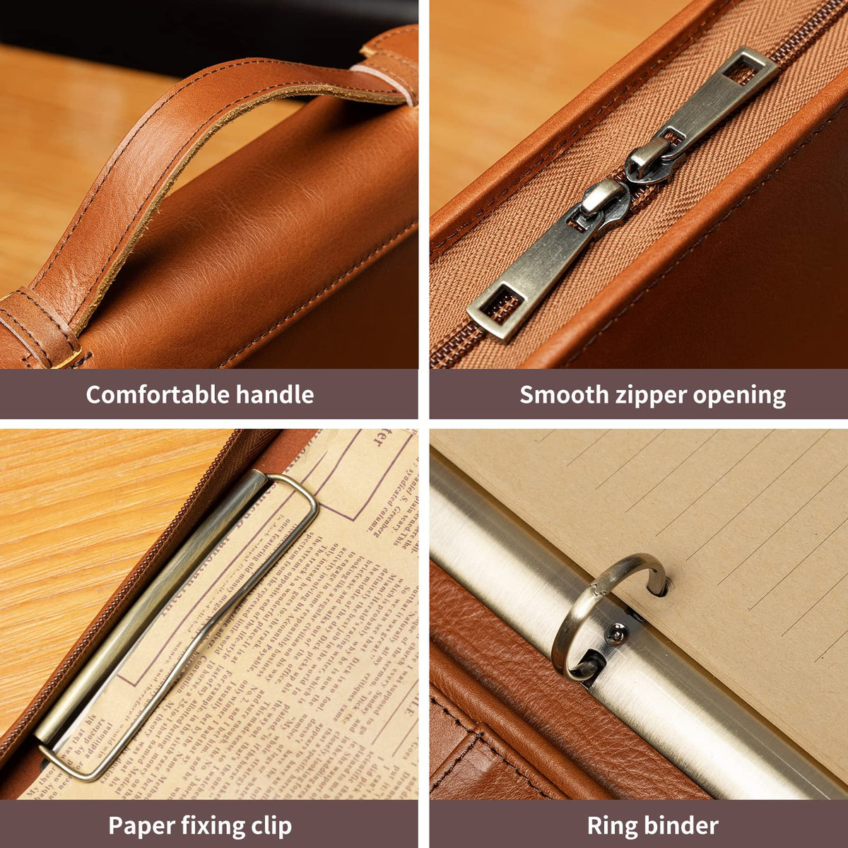 YIWEN Handmade Leather Portfolio with Handle, 3 Ring Binder, Zippered Padfolio for 13" Tablet, 8.5 x 11 Notepad, Professional Business Document Organizer (Brown, Oil Wax Leather)