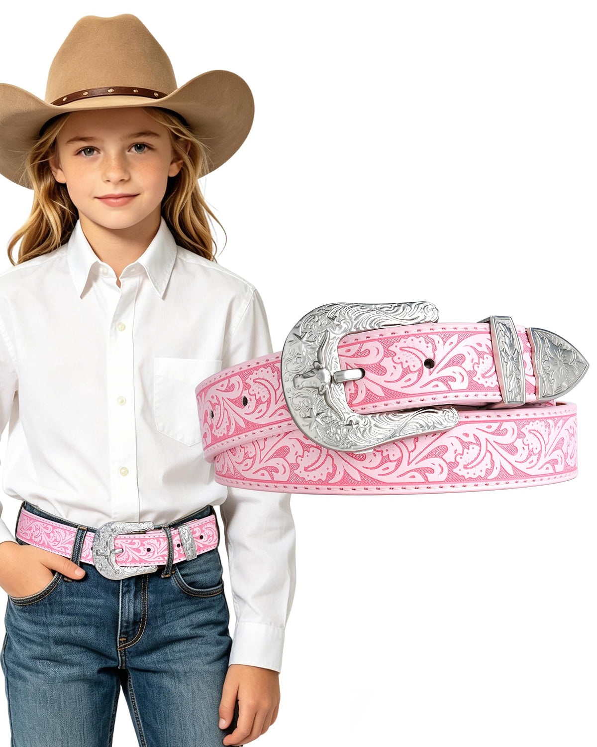 Kajeer Kids Western Belt for Boy,Cowboy Leather Belt Vintage Engraved Embossed Buckle Western Belts for Jeans Gifts