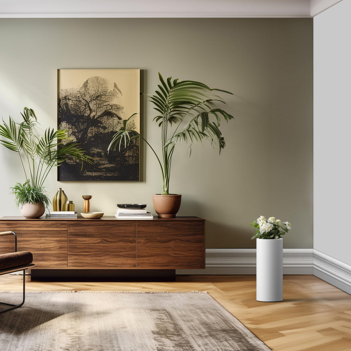 Kante 18.9 Inch Tall Cylindrical Planter, Large Round Plant Pots with Drainage Hole, Made with Concrete, Suitable for Indoor Outdoor Plants, Home Decor, White Finish with Painted Interior