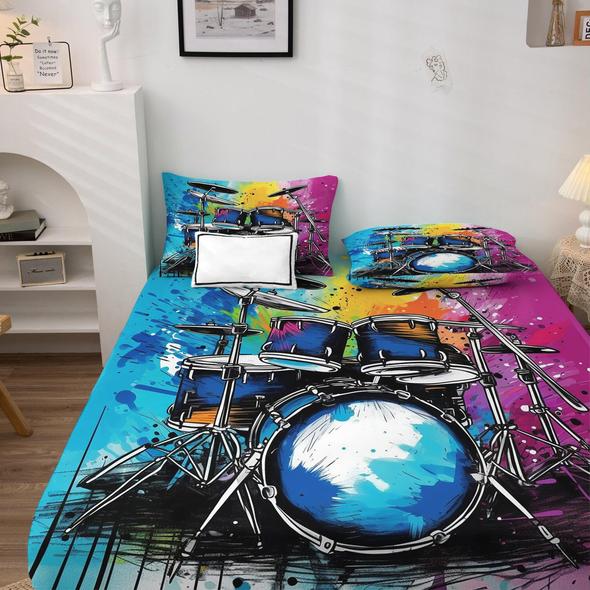 Drum Kit Sheets King Size - Colorful Graffiti Bed Sheets, Soft Microfiber & Deep Pocket & Wrinkle Free Patterned Bedding Sheets & Pillowcases, 4 Piece ( 1 Fitted Sheet, 1 Flat Sheet, 2 Pillow Cases )