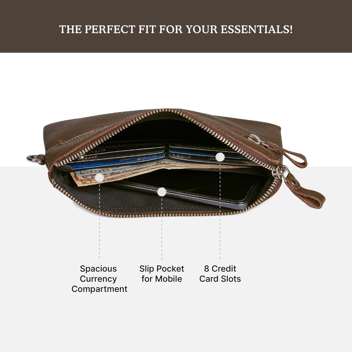 Wise Owl Accessories Genuine Leather Wristlet Wallet for Women Clutch Handbag Purses for Cell Phone Keys Coins Credit Card Slots (Brown Nappa)