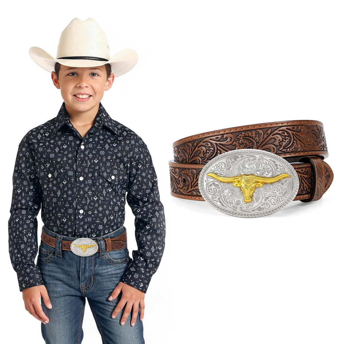 JKEEMI Kids Western Belt for Boys Girls, Embossed Genuine Leather Cowboy Cowgirl Belt for Jeans Pant Dresses Gift