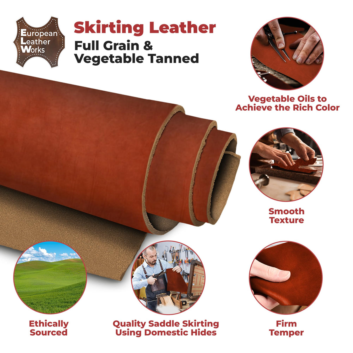 ELW 8-10 oz (3-4 mm) Skirting Veg Tan Leather | Chestnut 1-2 SQFT| Thick Cowhide Tooling Leather Sheet for Belts, Saddle, Holster, Sheaths, Bulk Real Leather Pieces, Crafts, Remnants, Scraps USA