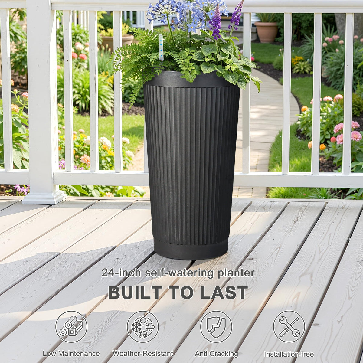 PolarcoForgeco Self Watering Tall Black Planters Outdoor Set of 2, 24” Flower Pots Planters for Outdoor Plants, Modern Plastic Tall Planter for Front Porch, with Drainage Hole (Ribbed)
