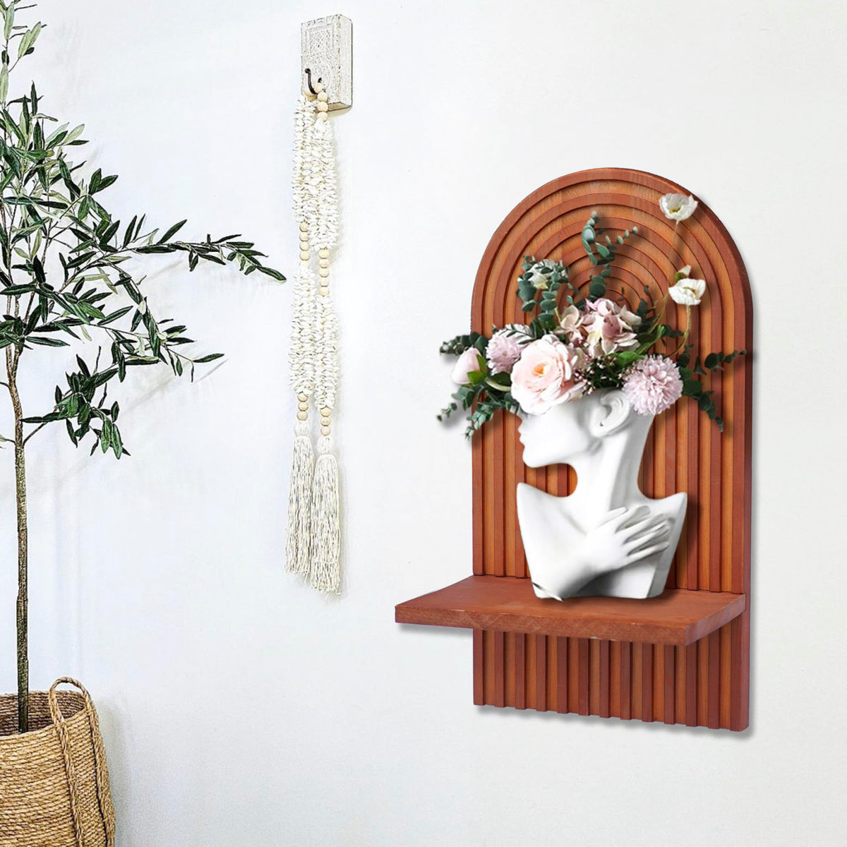 ZELURA 2 Pieces Boho Wall Shelf, Mid Century Shelves, Decorative Storage Unit, Decorative Bohemian Rainbow Hanging Shelves for Bathroom, Bedroom, Kitchen, Living Room, Laundry Room (Brick-Red)