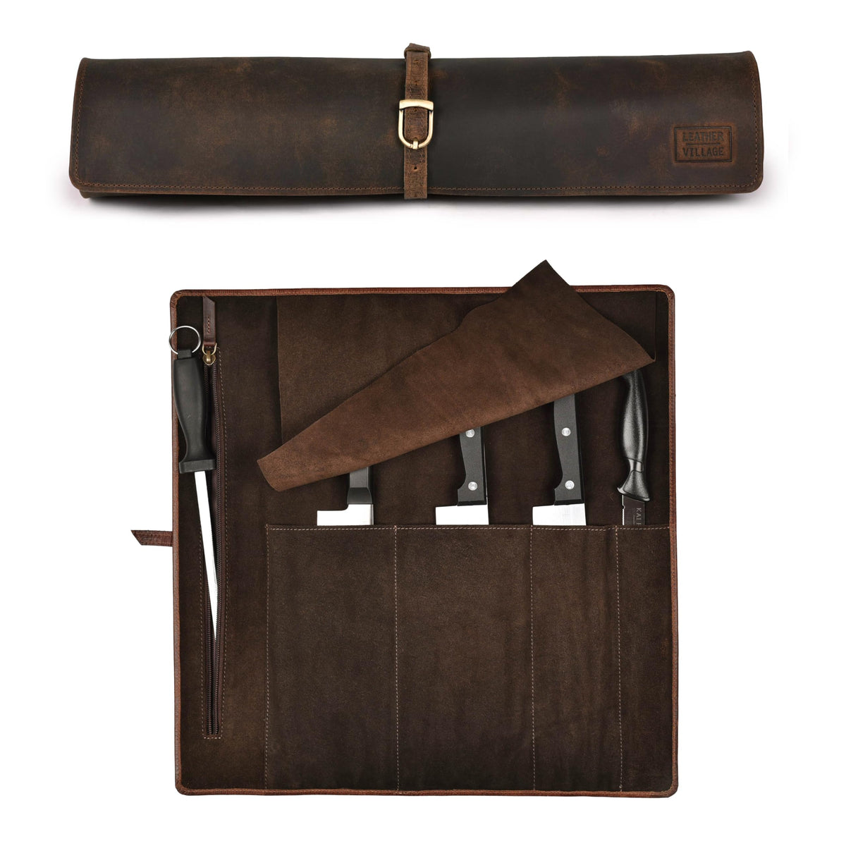 LEATHER VILLAGE Genuine Leather Knife Roll Bag – Professional Chef Carrying Case, Durable Sheath Holder, Cooks & Culinary Tools Organizer, Portable Travel Storage with 4 Slots & Zipper - Rustic Brown
