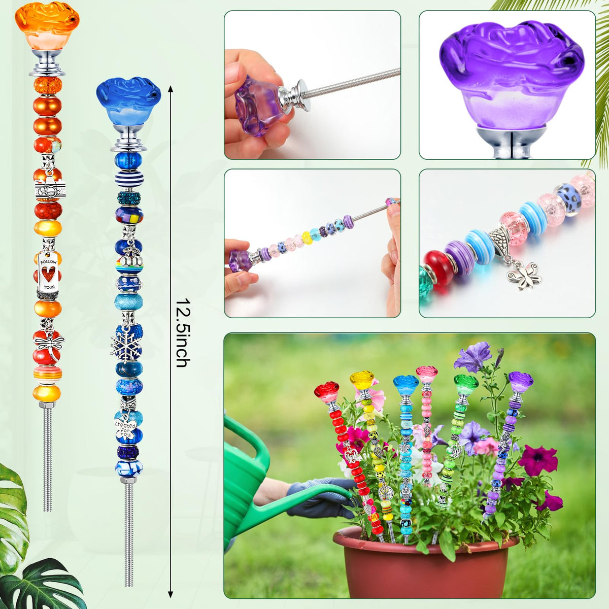 Lineshading 10 Sets Beaded Garden Stakes Kit,Rose Garden Stakes Accessories (Bright Color)