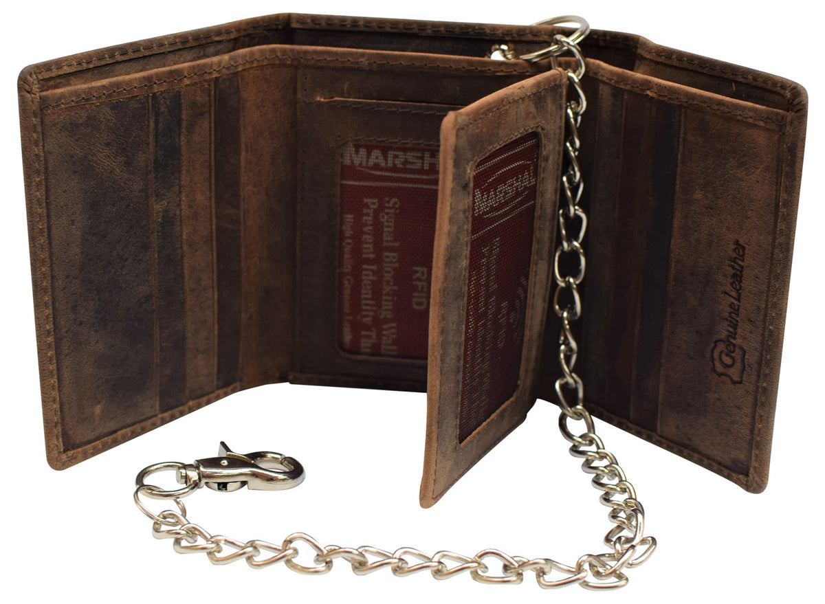 RFID Blocking Mens Chain Biker Vintage Genuine Leather Classic Trifold Wallet (Brown with Chain)