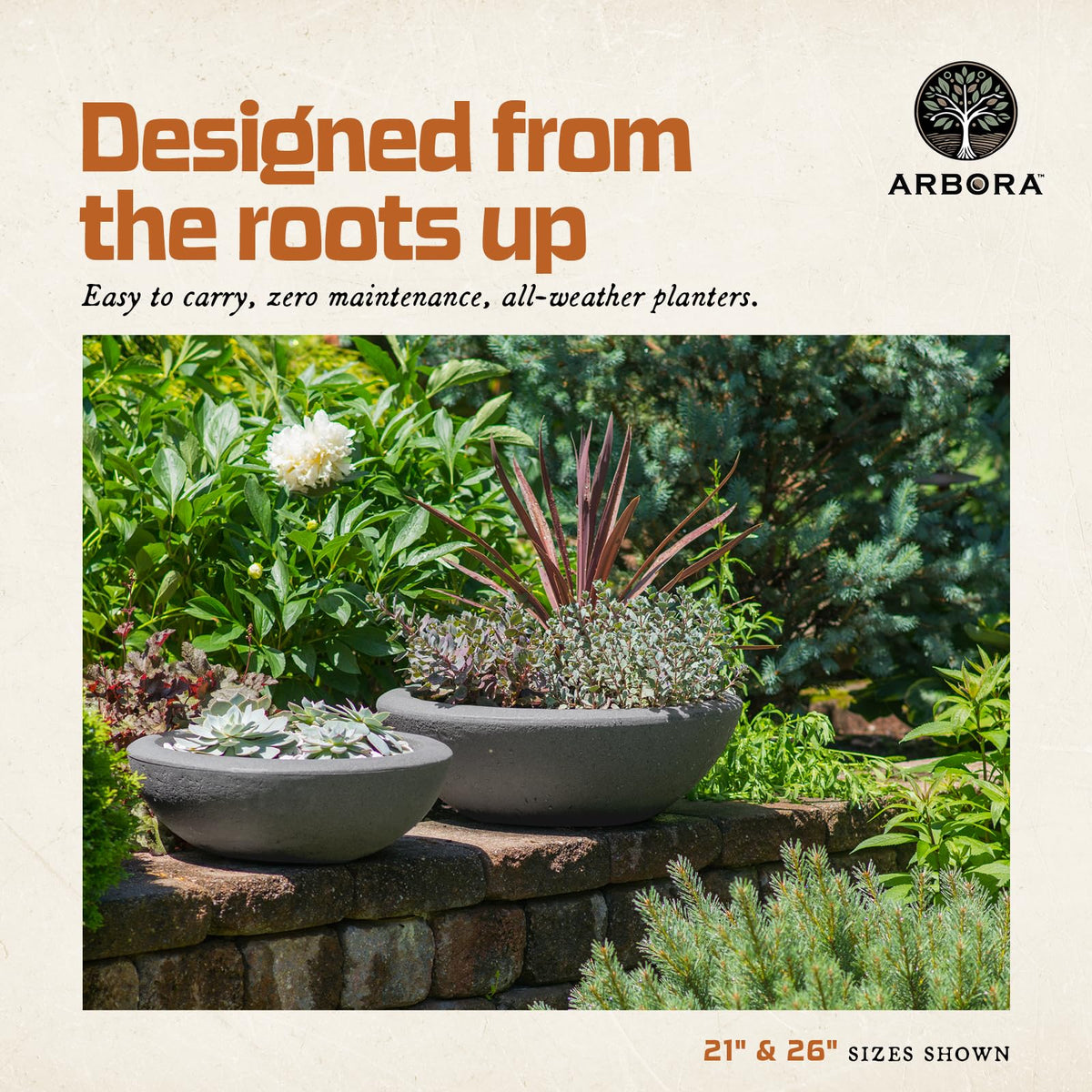 ARBORA 21" Santorini Bowl Polyresin Indoor and Outdoor Planter with Stone Blend Concrete Gray Finish - Durable, Weatherproof, Lightweight, Large Plant Pot for Patio, Garden, Deck, Entryway