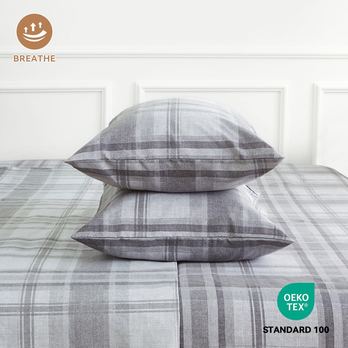 King Sheets Set 4PC - Soft Cooling 1800 Thread Count Microfiber Printed Sheet, 8 - 17" Deep Pocket Breathes Better, Hypoallergenic, Wrinkle Free, Machine Washable Grey Plaid Patterned Double Bedding