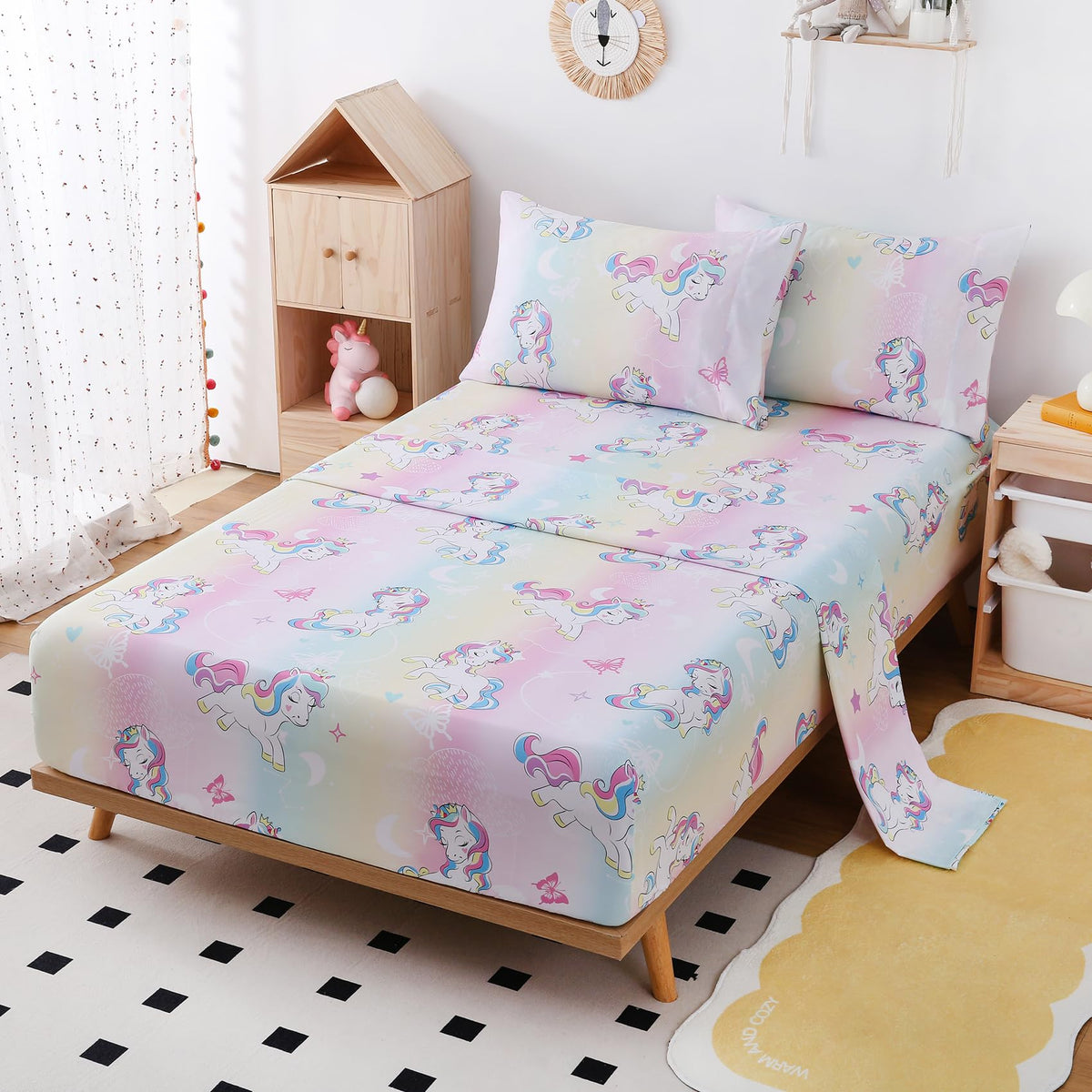 Yibeizi Full Size Sheets Set Kids, Rainbow Unicorn Pattern Microfiber Double Bed Sheets, Cute Soft Oeko-Tex Extra Deep Pocket Sheets & Pillowcases Cooling Hypoallergenic Wrinkle Free Bedsheets