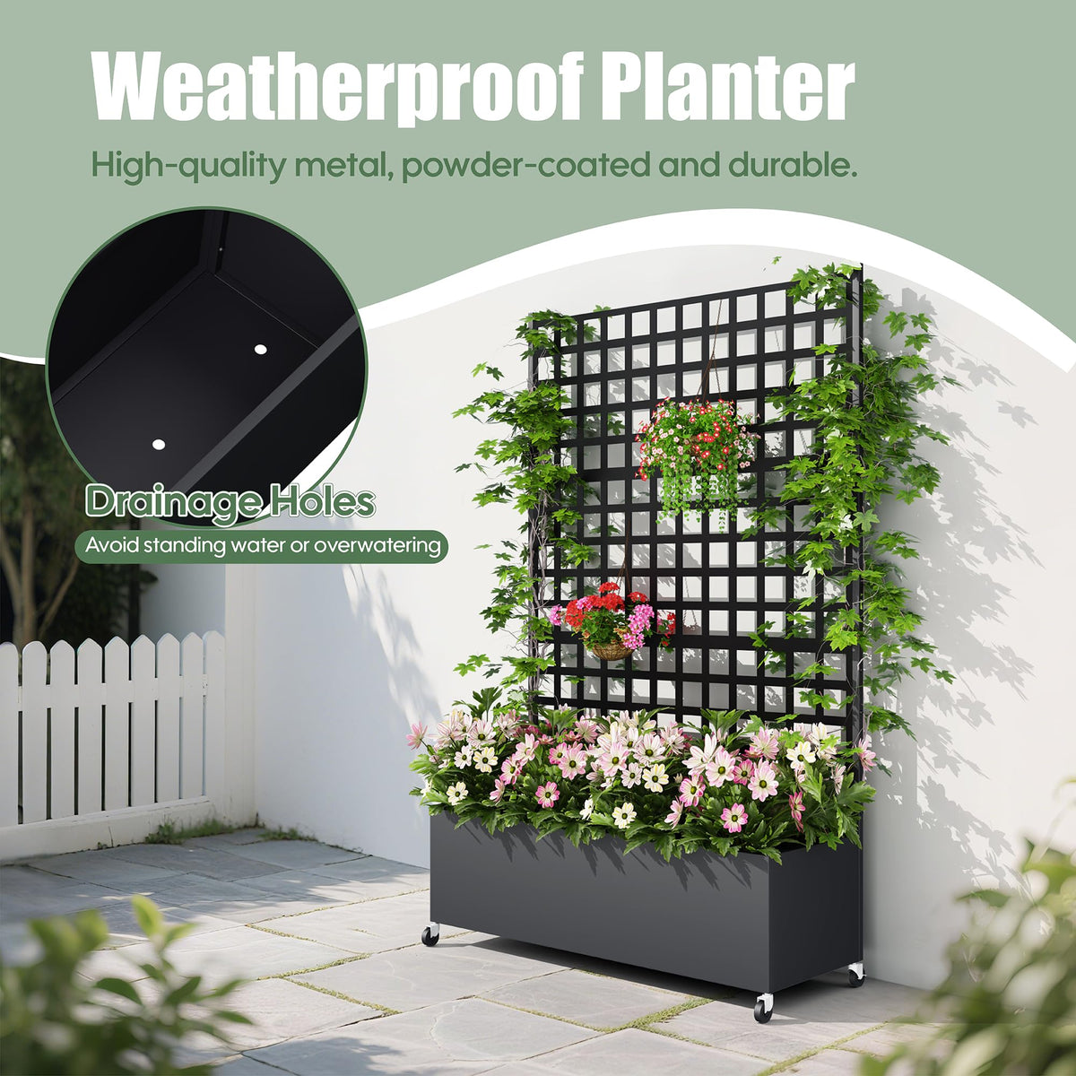 Sunnibety Metal Planter Box with Trellis Privacy Screen, Raised Garden Bed with Lattice Trellis & Wheels, Privacy Planters for Patio, Planter Box for Climbing Plants, Flower, 73"x 47"x 16", Black