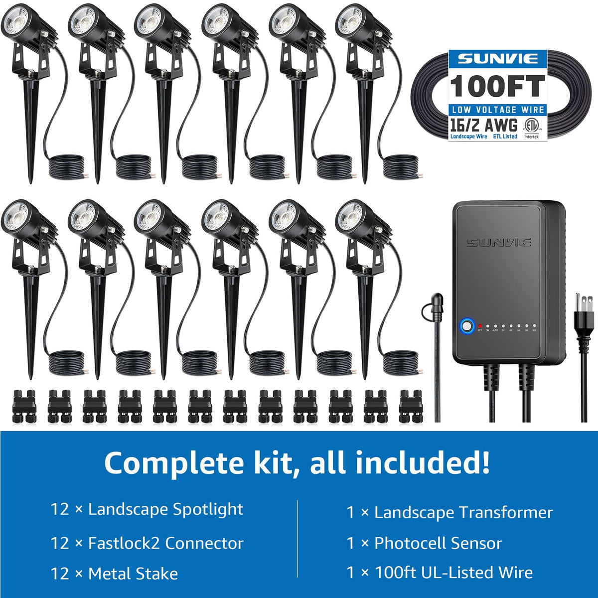 SUNVIE All-in-One LED Landscape Lighting Kit, 12-Pack, 3000K, Black, Model KTWW12SA, Includes Transformer and 100FT Wire