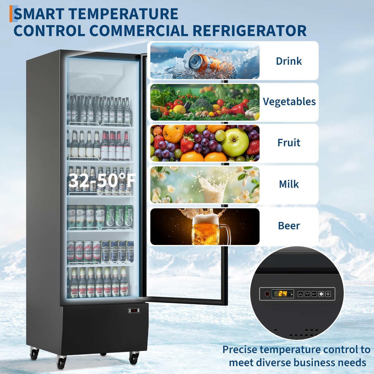 Commercial Refrigerator 17.7 Cu.ft Beverage Cooler, Glass Door Display Fridge with 5 Adjustable Shelves, Large Capacity Bar Fridge for Restaurant, Store, Upright Freezer for Home, Black