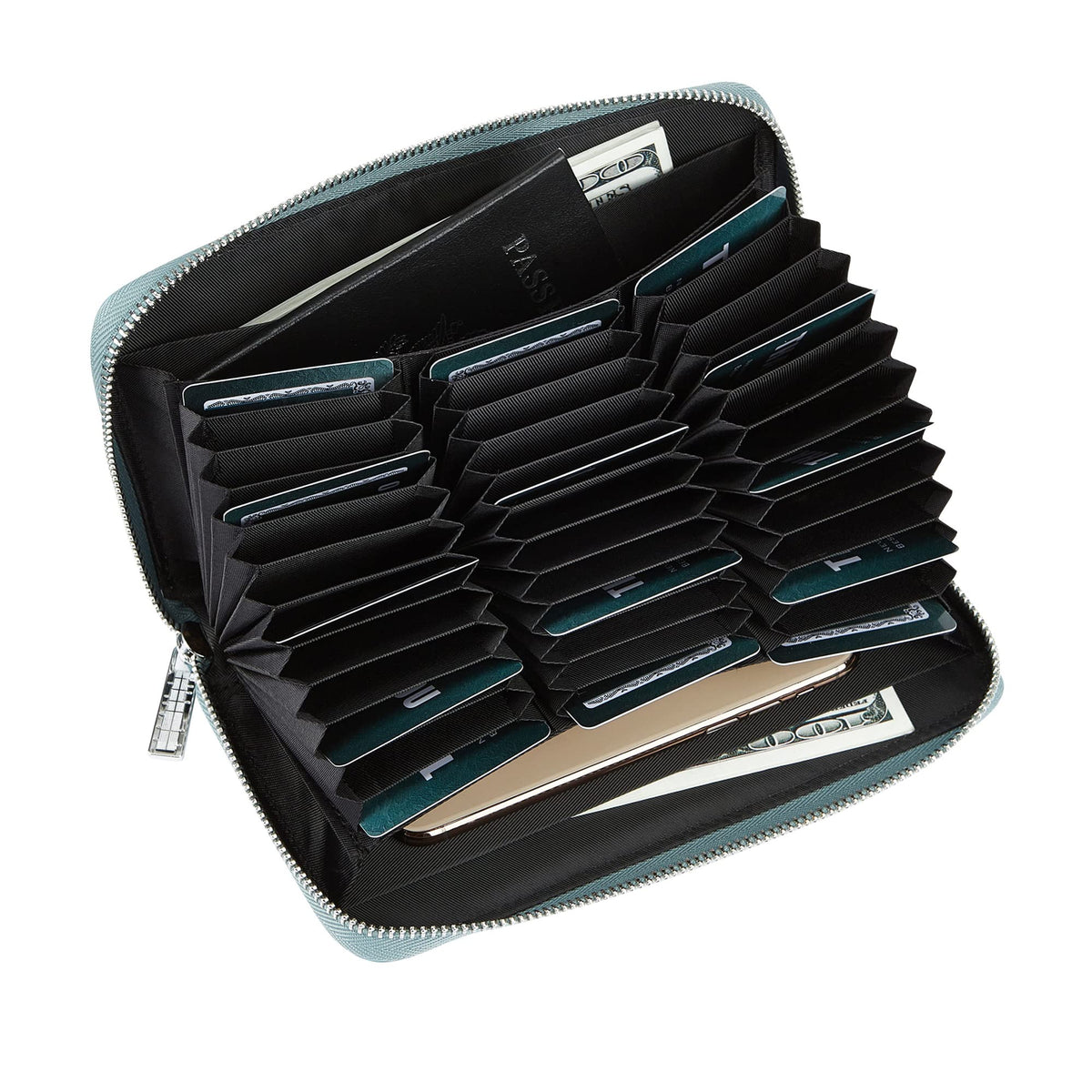 Cynure Women 36 Slots RFID Blocking Card Holder Large Long Leather Zipper Organizer Accordion Wallet,Sky Blue