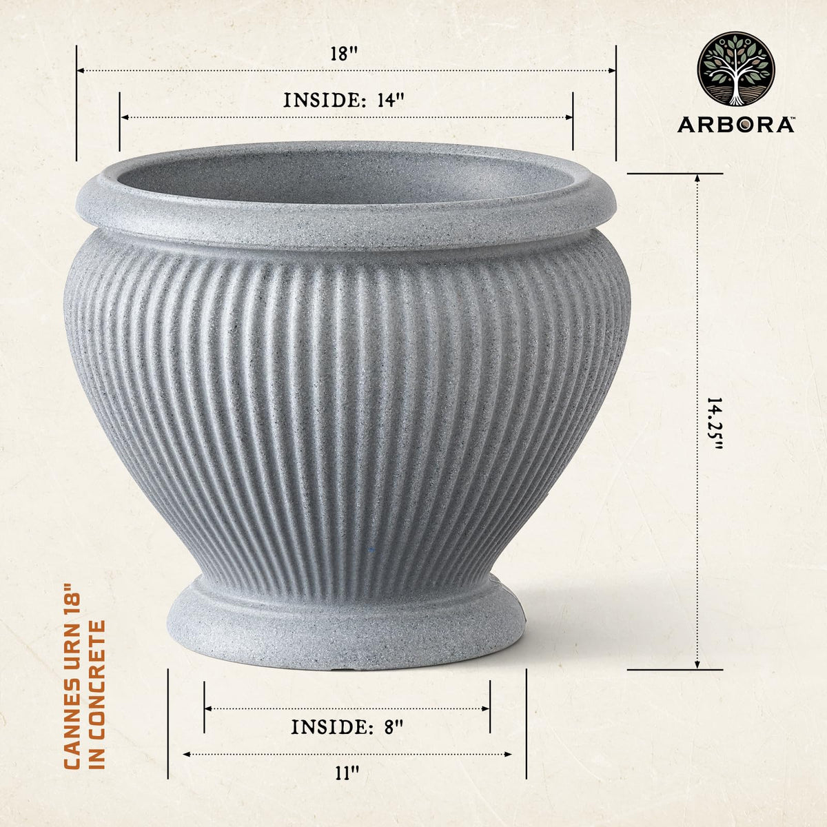 ARBORA 18" Cannes Urn Polyresin Indoor and Outdoor Planter with Stone Blend Concrete Gray Finish - Durable, Weatherproof, Lightweight, Large Plant Pot for Patio, Garden, Deck, Entryway