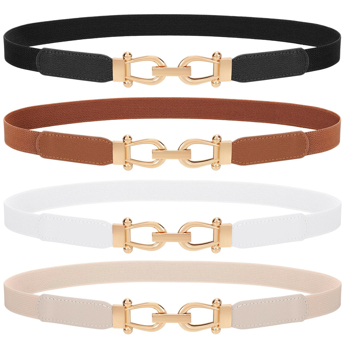 TRIWORKS 4 Pack Skinny Elastic Belts for Women Gold Buckle Thin Stretchy Waist Belts for Dresses