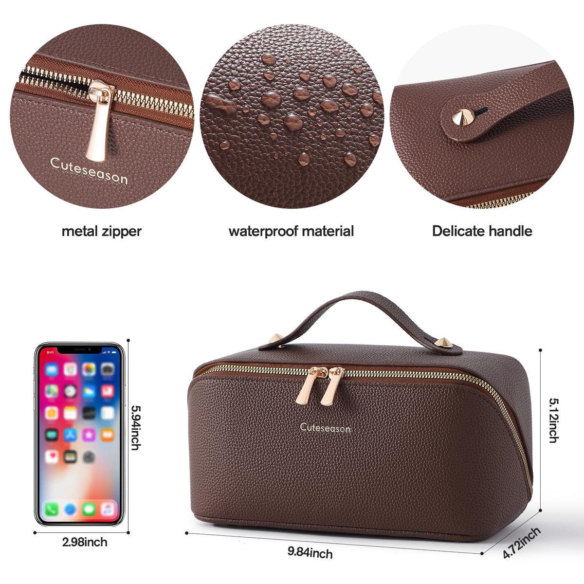 Cuteseason PU Leather Makeup Bag for Women, Structured Makeup Case with Wide Opening, Travel Cosmetic Bag with Compartments and Handle, Water-Resistant Makeup Organizer(Brown, Lychee Grain)