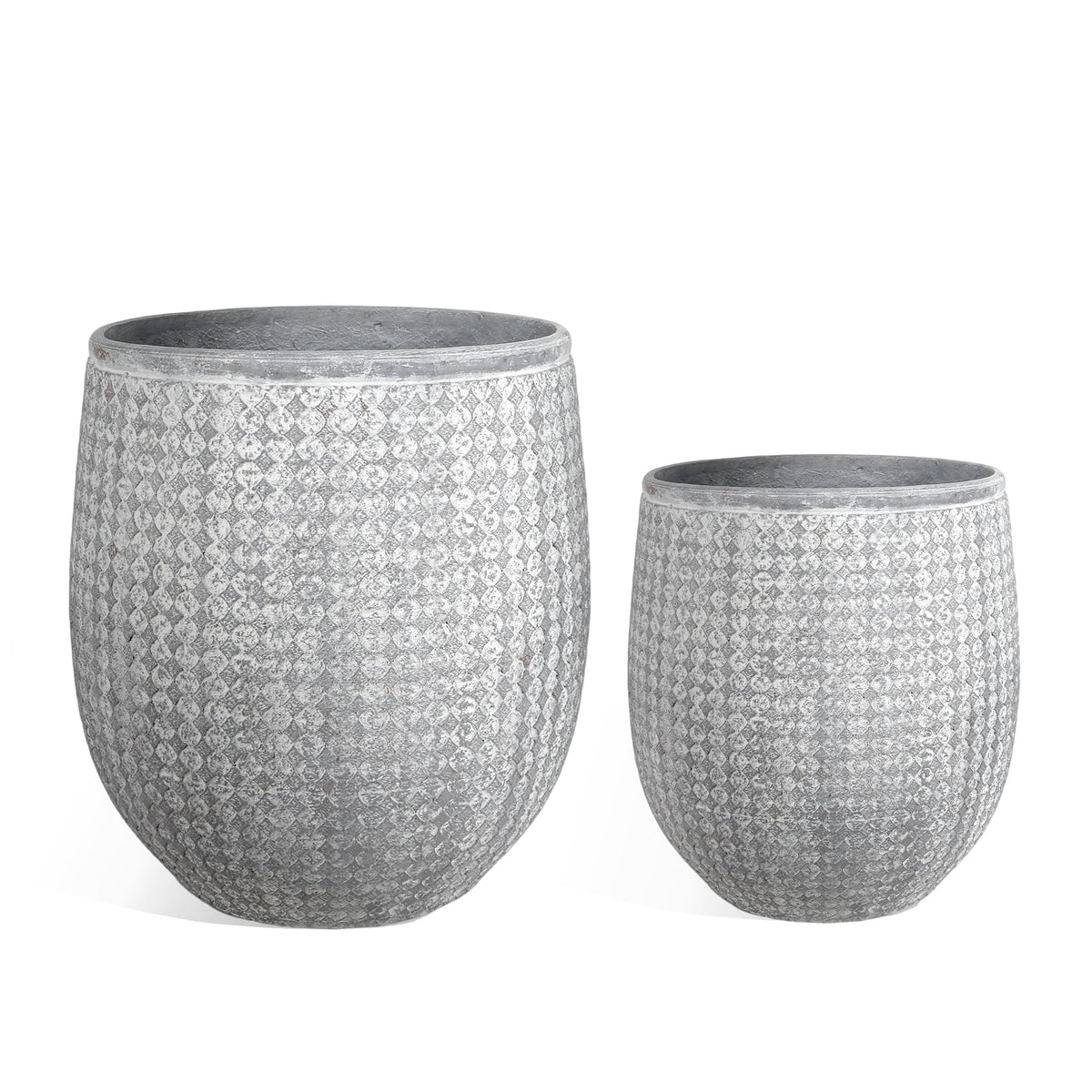 Worth 12" and 14.5" Round Planters, Lightweight Magnesium Oxide Cement Plant Pot, Raised Pattern Concrete Look with Drainage Hole, Grey