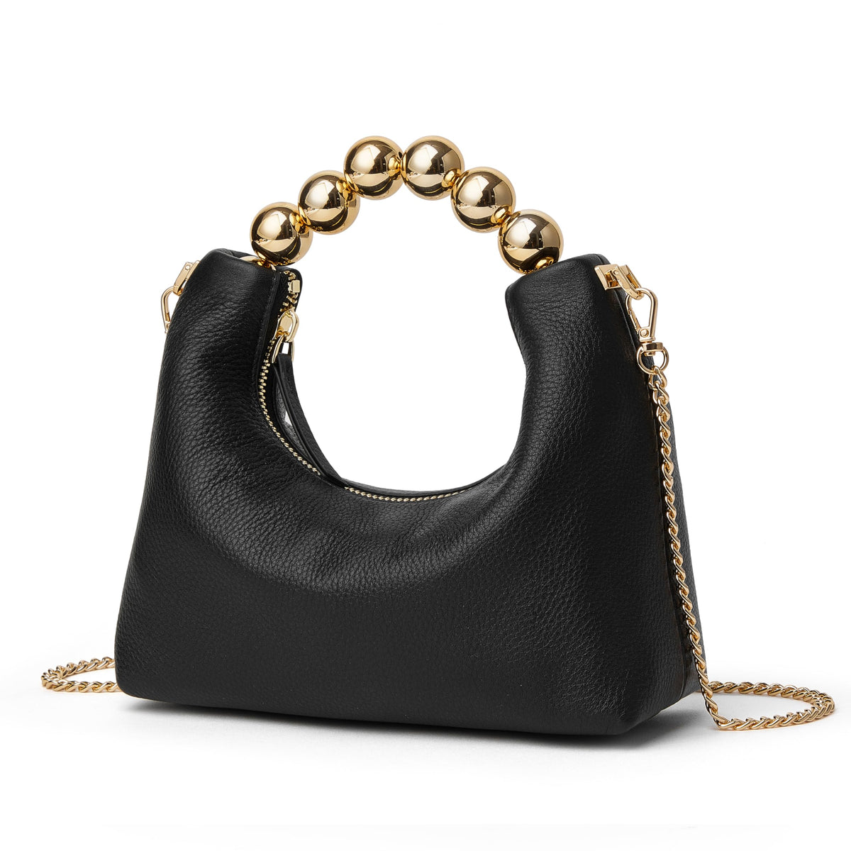 DORIS&JACKY Small Top Handle Clutch Purse for Women, Designer Leather Evening Crossbody Bag with Metal Ball Tote Handle And Leather Chain Strap (Black)