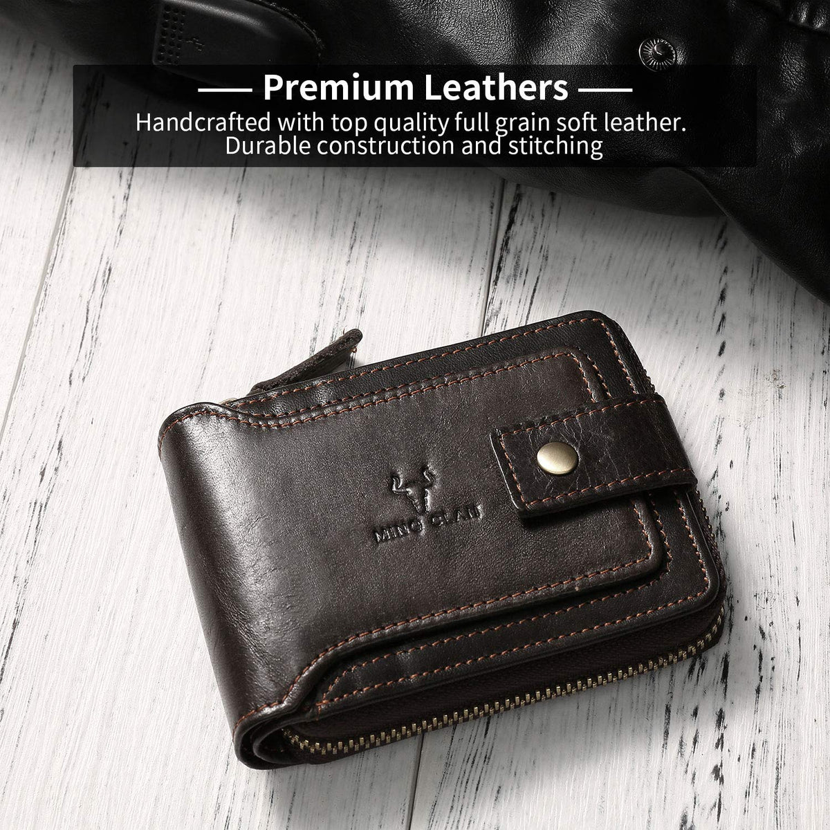 MING CLAN Leather RFID Blocking Bifold Wallet For Men With Zipper, Flap ID Window Zip Coin Pocket, Big Capacity Credit Card Holder For Travel