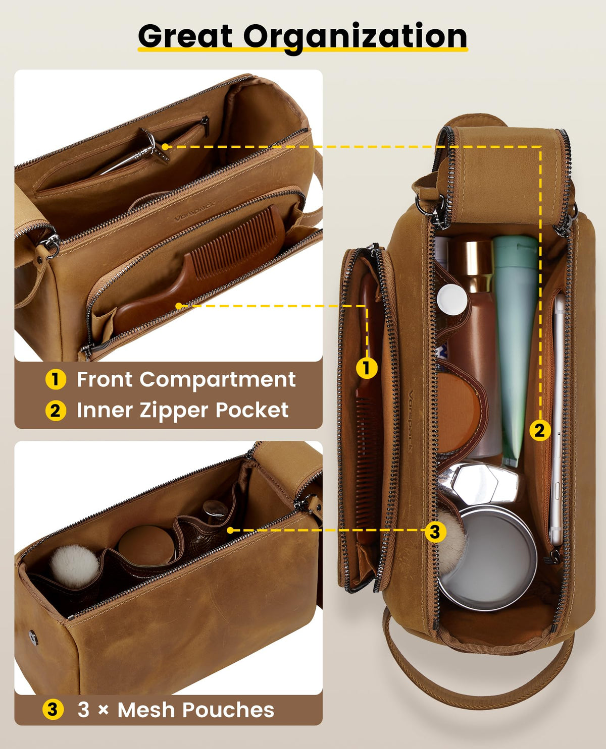 Vorspack Genuine Leather Toiletry Bag for Men - Water Resistant Travel Bag for Toiletries, Essentials, Accessories - Light Brown