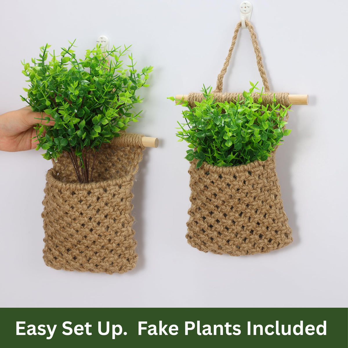 Shineloha 2 Packs Macrame Wall Planters with Artificial Eucalyptus | Macrame Plant Hanger, Wall Plant Holders for Boho, Bathroom, Bedroom & Wall Hanging Decor (2 Packs, Brown)
