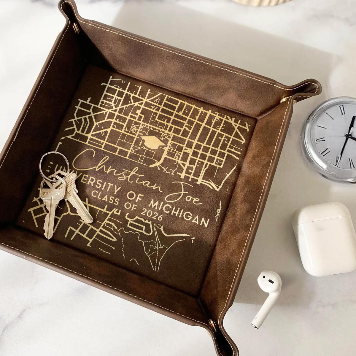 LUCY ENGRAVING Custom Campus Map Graduation Leather Tray, College Grad Leather Nightstand Organizer - Class of 2026, College Graduation Gifts for Graduates, Personalized Valet Tray for Men