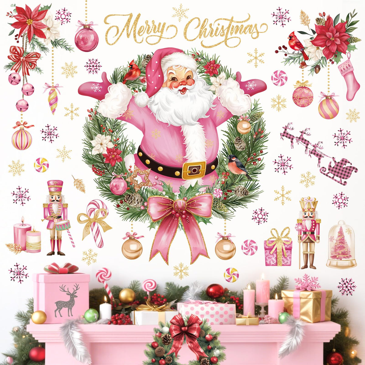 wondever Pink Christmas Santa Claus Wall Stickers Christmas Wreath Xmas Ball Snowflakes Peel and Stick Wall Art Decals for Window Home Party