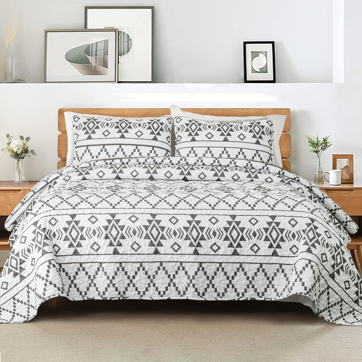 Whale Flotilla Full Queen Size Quilt Set - Reversible White Quilts Queen Size with 2 Pillow Shams, Lightweight Boho Striped Bedspreads Coverlet Bedding Set for All Seasons