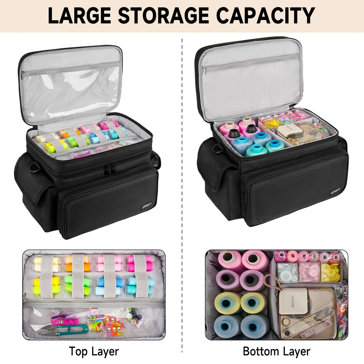 LEFOR·Z Large Sewing Supplies Organizer(13 x 8 x 9 in),Double-Layer Sewing Accessories Storage and Organizer Case Bag,Protable Travel Sewing Box Sewing Basket for Sewing Tools,Black(Bag Only)