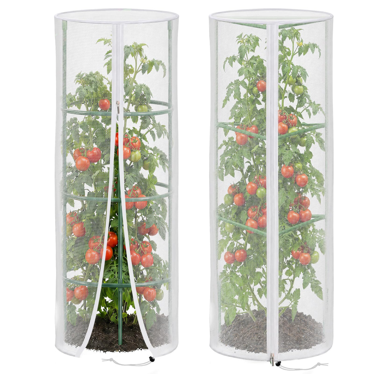 2 Pcs Garden Mesh Plant Cover for Round Tomato Cage, 57" x 15.7" Insect Bird Netting Protection Net Covers with Zipper & Drawstring, Garden Tomato Trellis Netting for Climbing Plants