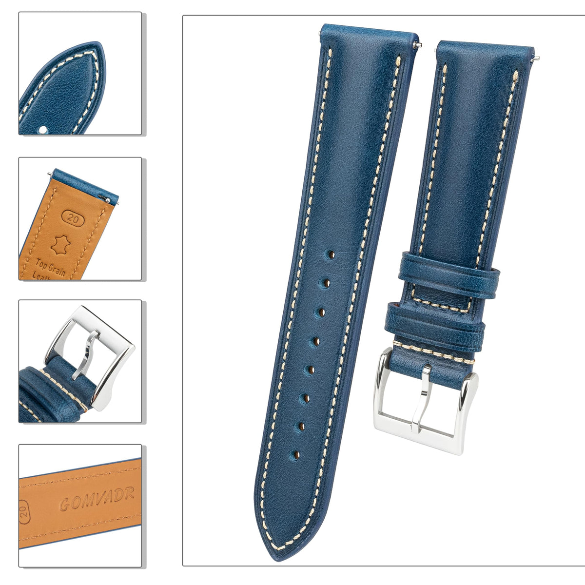 Gomvadr Vintage Genuine Top Grain Leather Watch Strap Quick Release, 18/19/20/21/22/24mm, Silver/Black Buckle, Universal Fit Unisex for Daily Wear (Blue with Silver Buckle, 19mm)