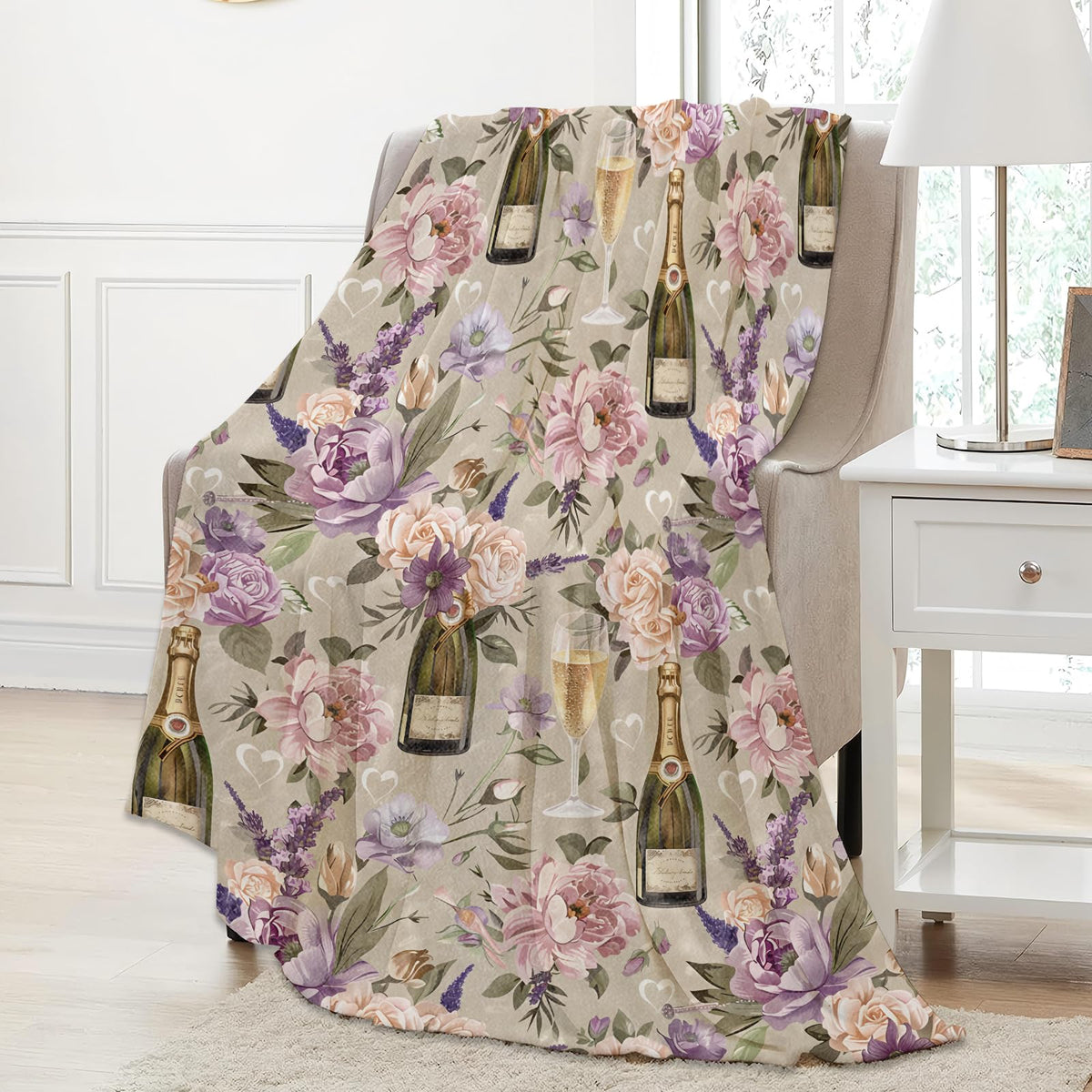 Aonimonis Floral and Champagne Throw Blanket Gifts for Women, Soft Fuzzy Warm Cozy Flannel Blankets for Bedroom, Travel, Couch, Home Decor 50x60 in