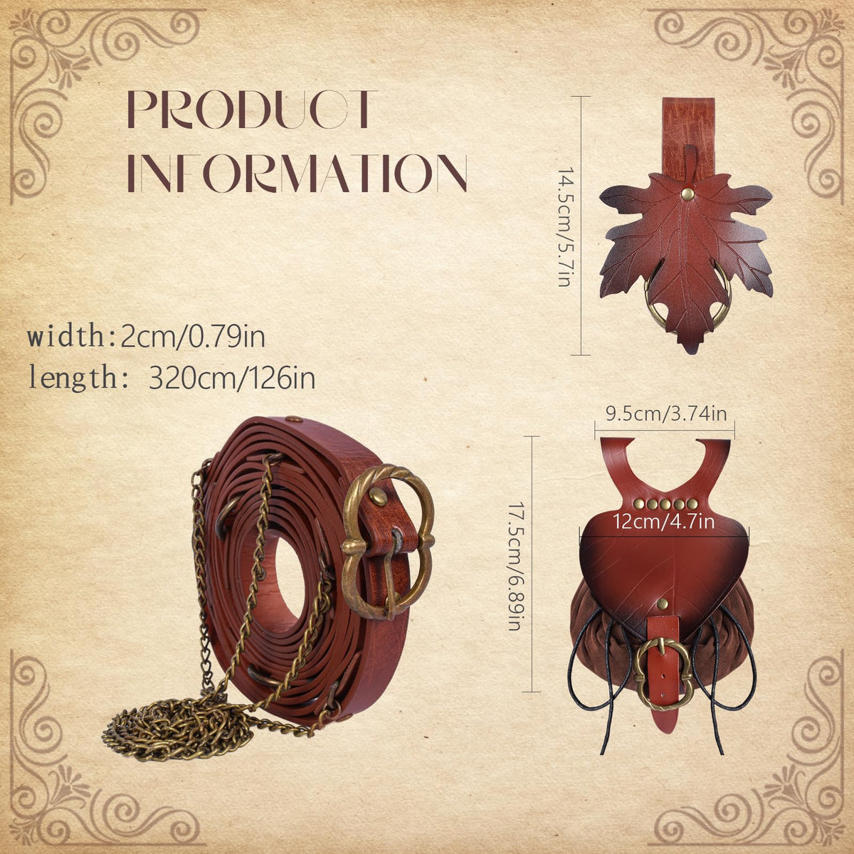 Minhuida 3PCS Medieva Adjustable Faux Leather Metal Chain Belt Set DIY, With leaf purse and skirt hike Clips, For Ren Faire & cosplay (Brown -A)