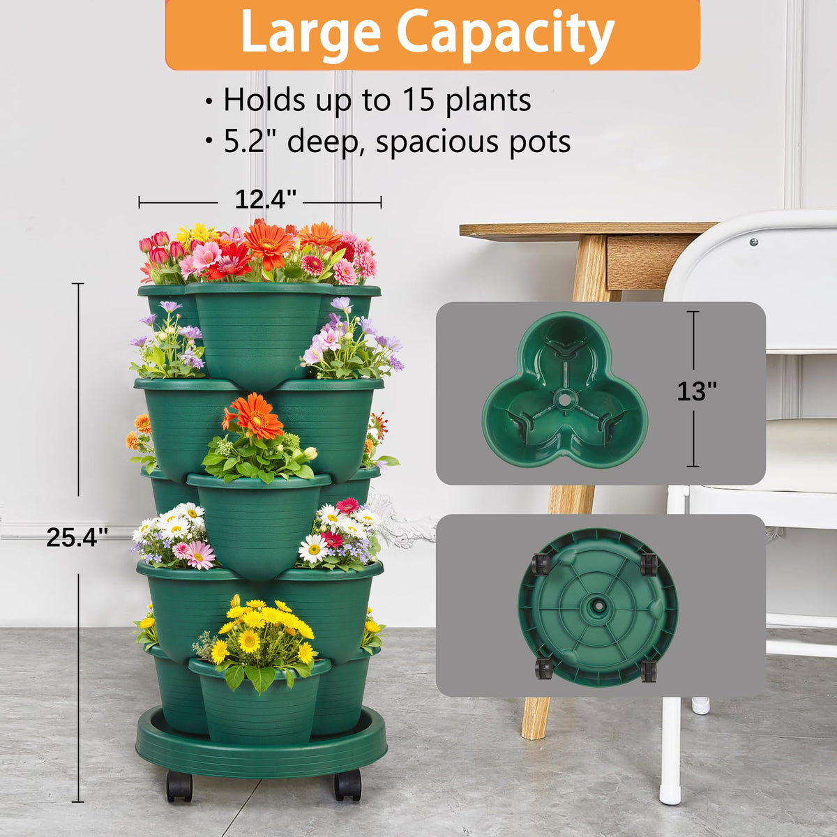 VECELO 5 Tier Vertical Garden Planter, Self Watering Stackable Planters with Wheels for Strawberries, Herbs, Flowers, Vegetables, Dark Green