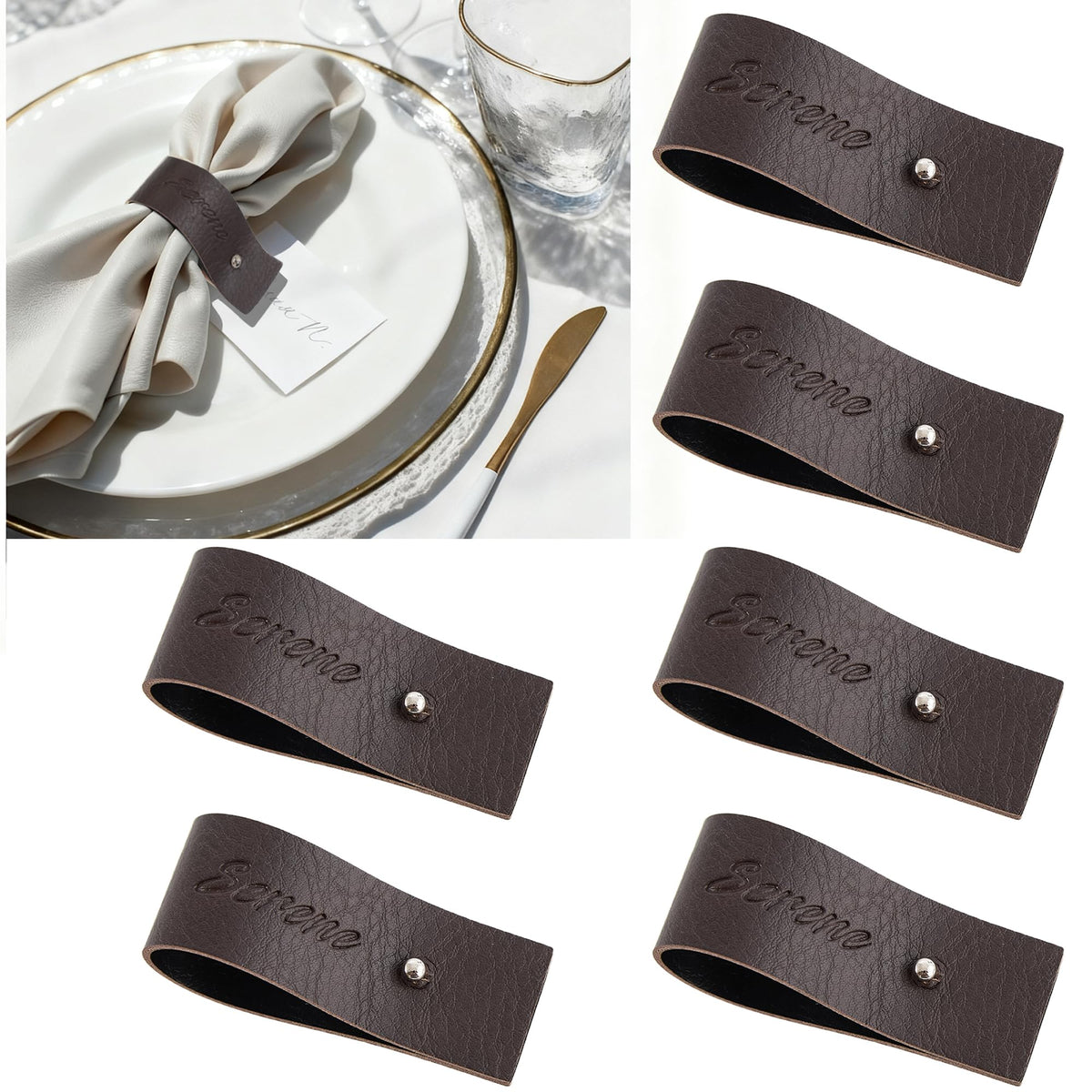 Dark Brown Napkin Rings Set of 6 – Elegant Leather Napkin Ring Holders, Double-Sided Waterproof, Durable Table Decor for Easter, Weddings & Dinner Parties, Stylish Table Setting Accessories