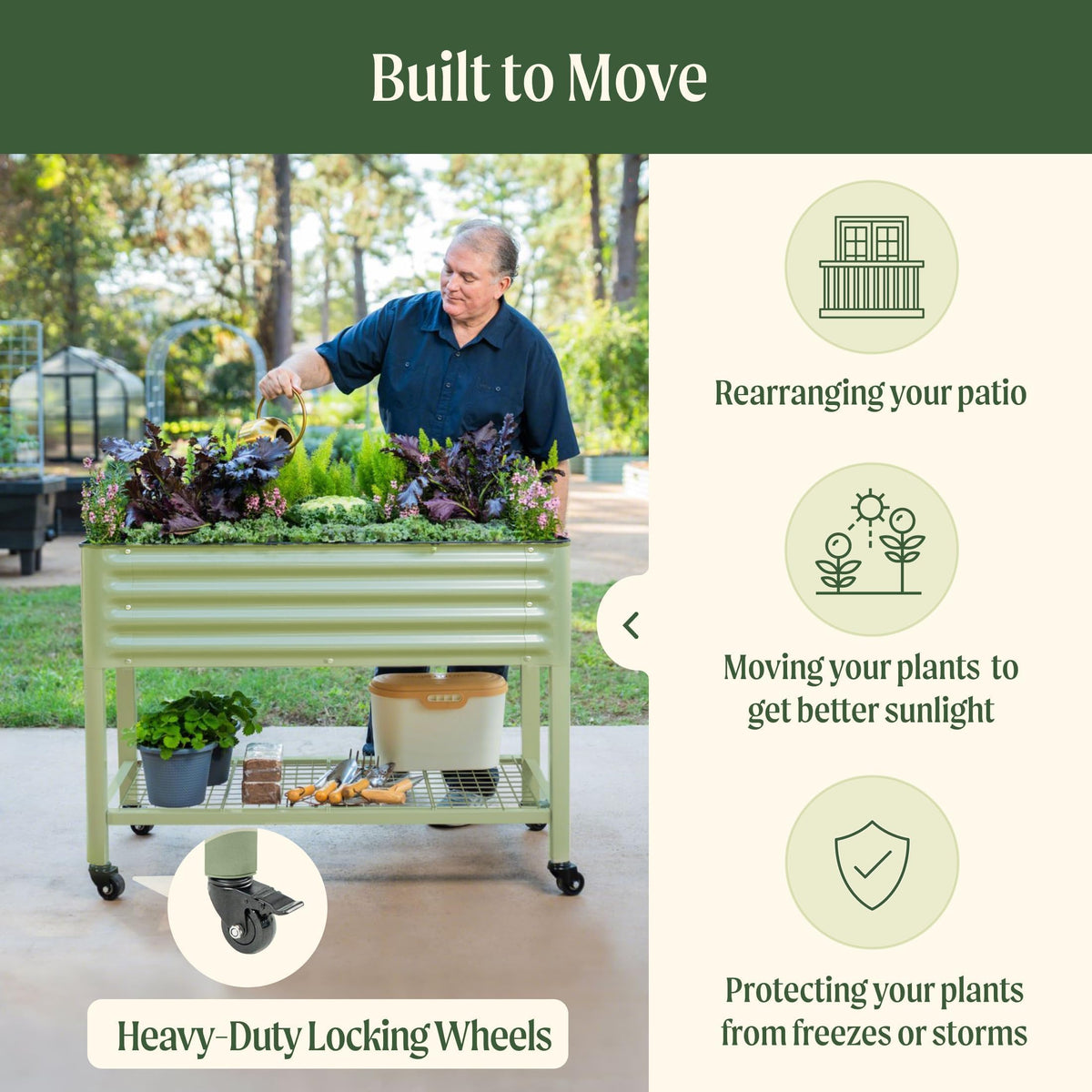 Rolling Elevated Raised Garden Bed-V Series, 2' x 4' Garden Beds with Legs & Storage Rack for Patio & Porch, 700 Lbs Weight Capacity, Outdoor Planter Box for Vegetables Flower Herbs, Olive Green