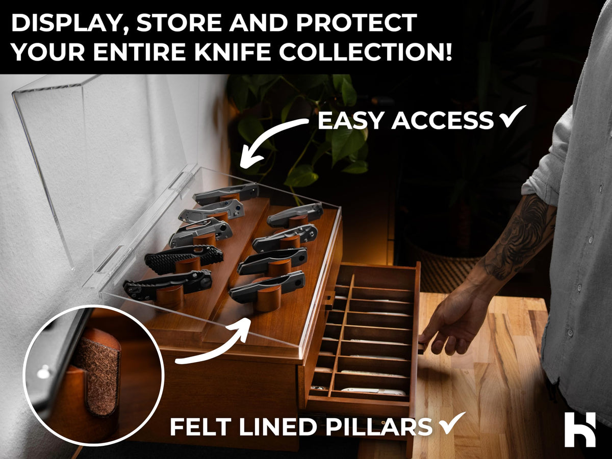 Premium Pocket Knife Display Case for 50 Knives - Extra Large Wooden Knife Organizer, Storage & Holder with Unique Pillars, 2 Drawers - Knife Collection Box - Handcrafted Father's Day Present for Men