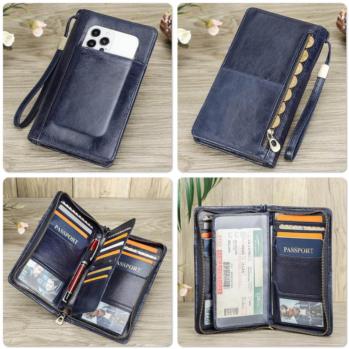CataPurus Top Grain Leather Travel Passport Wallet Holder for Man & Woman, Handmade with Three-Layer for 4 Passports & Multi Cards, RFID Blocking Large Capacity for Cards/Passports/Tickets, Blue