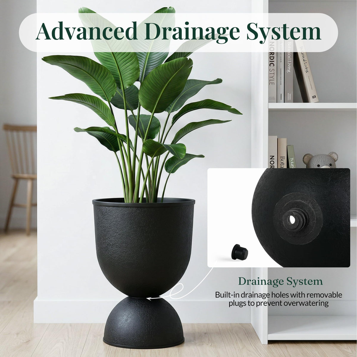 KOL Planters Flower Pots, Plastic Urn Planters for Indoor Outdoor Plants, Black Pedestal Planter Pots 2 Pack, 15 Inch Tall Decorative Planters with Drainage Holes & Plugs for Front Porch Patio Garden