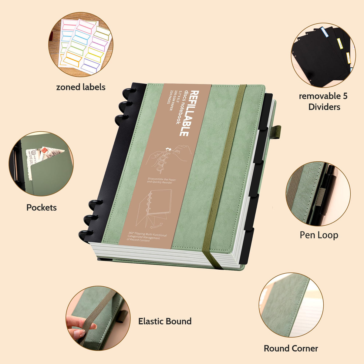Yoment Leather Journal Notebooks for Work Refillable 224 Page 100 GSM Thick 5 Subject Notebook with Removable Dividers Tabs Hardcover Notebook for School Note Taking Teachers Women Men 6.1 x 8.3,Green