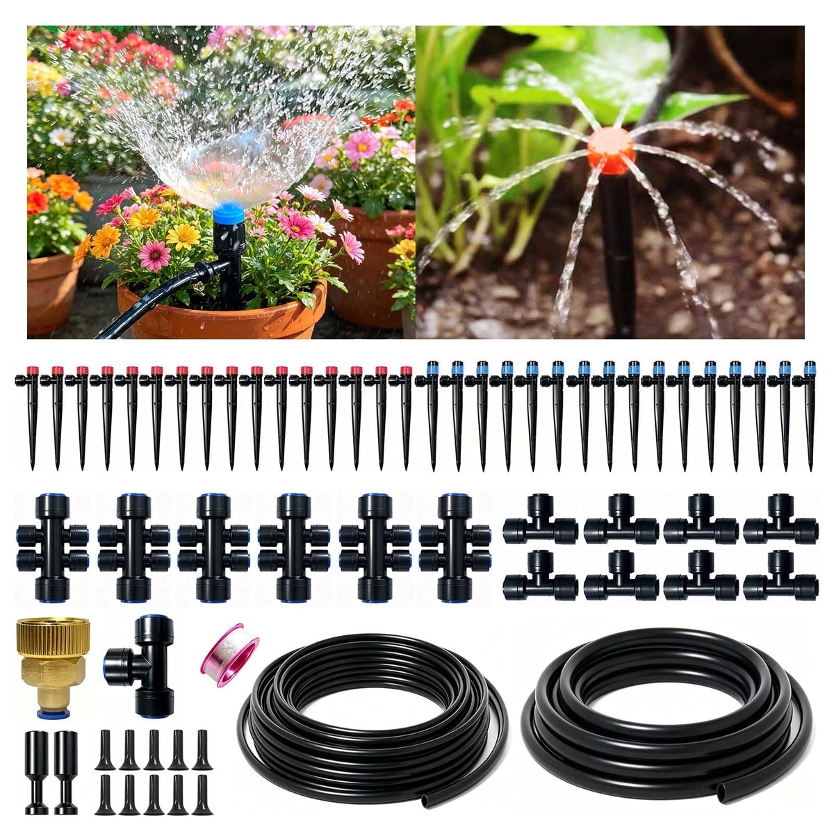 Drip Irrigation System, 2026-Upgrade 33FT+197FT 1/4" Garden Watering Kit with Adjustable Red & Blue Emitters, 3/4" Brass Connector, DIY Kit for Garden, Greenhouse, Potted Plants & Raised Beds