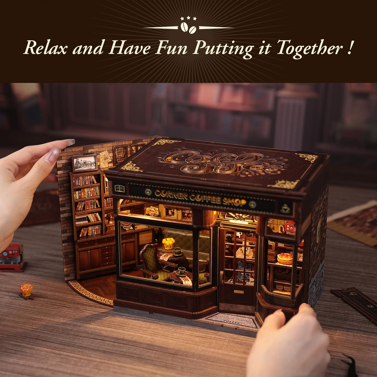 CUTEBEE Book Nook Kit, DIY Miniature Dollhouse Kits for Adult and Teens, 3D Wooden Puzzle, Mini Booknook Tiny House Model Building Kit, Decorative Bookend with LED, Craft Gifts for Family, Friends