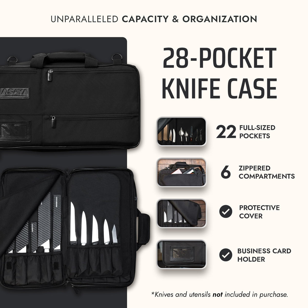 Asaya Chef Knife Bag - 28-Pocket Knives Carrying Case for Kitchen Tools and Utensils, Ballistic Nylon Chef Knife Roll Bag with Adjustable Shoulder Strap - Knives Not Included (Black)