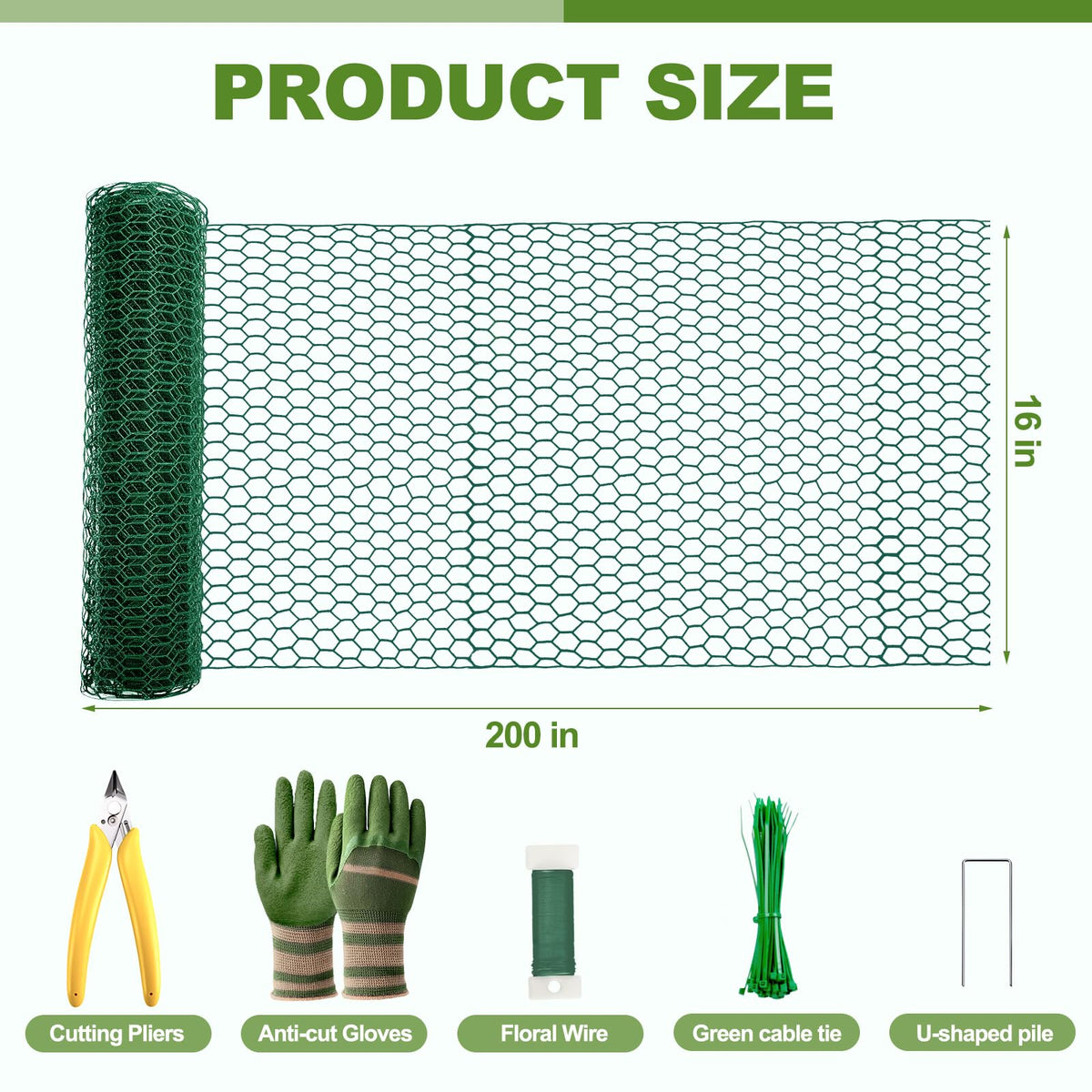 All-in-One 200 Inch Plant Protectors from Animals Kit - 0.85mm Heavy Duty Chicken Wire Cloche,Free-Cut Wire Mesh Roll Includes Pliers, Gloves, Ties, Stakes for Custom Outdoor Cages (16 * 200 Inch)